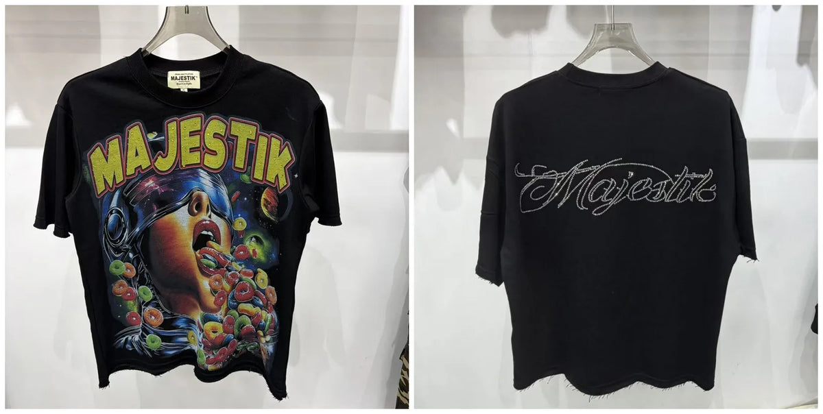 2026 Summer New MAJESTIK Men's T-shirt with Letter Hotfix Rhinestone Print Breathable Lightweight Casual Hip-Hop Style 100% Cotton Men/women T-shirt