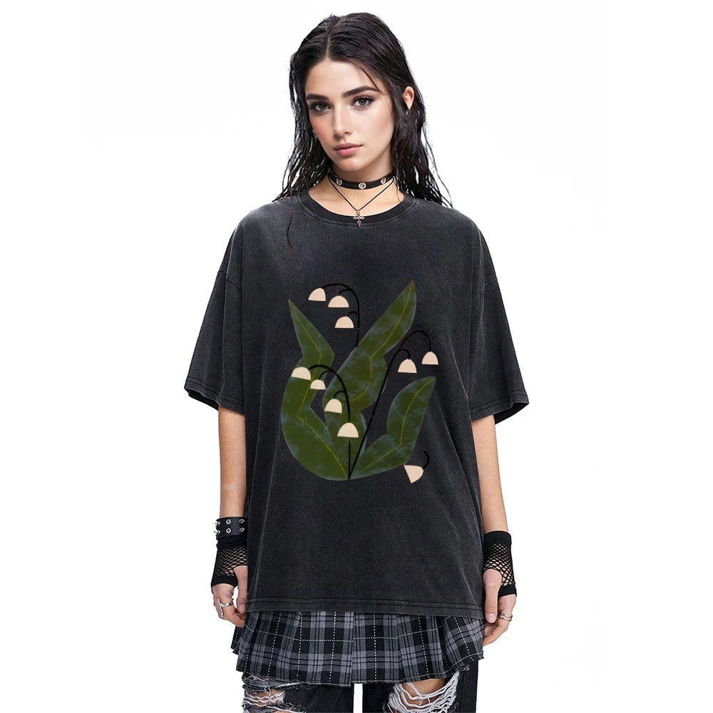 Lily Of Valley Tshirt Distressed Washed Cloth Delicate Floral Print Summer Casual Loose Short Sleeved Unique Comfortable Tops