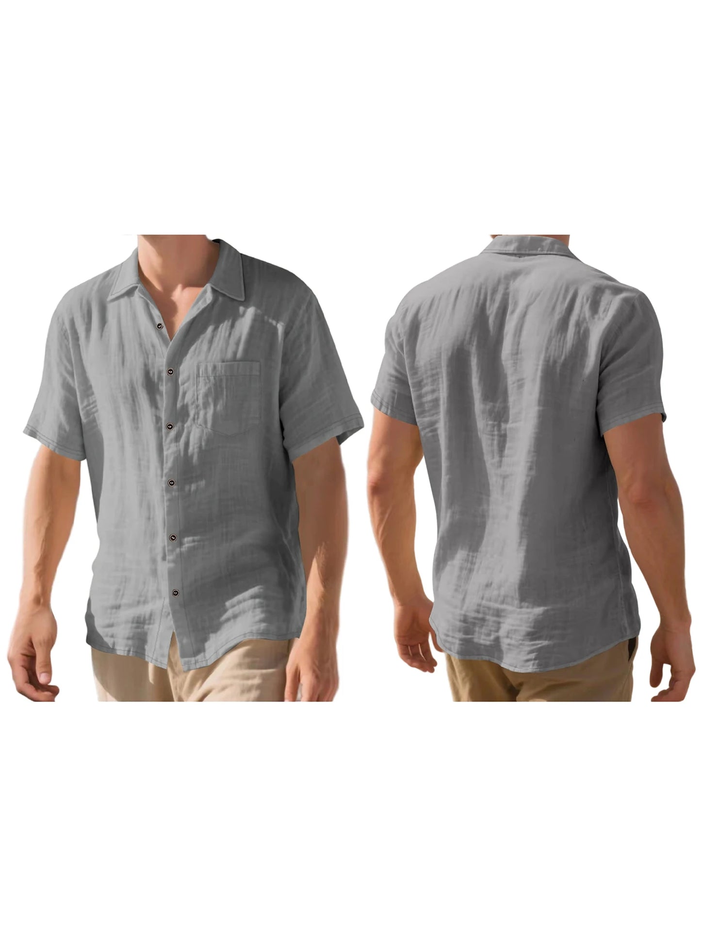Men s Lightweight Linen Short Sleeve Button-Down Shirt Casual Solid Color Breathable Summer Tops Loose Fit Lapel Collar