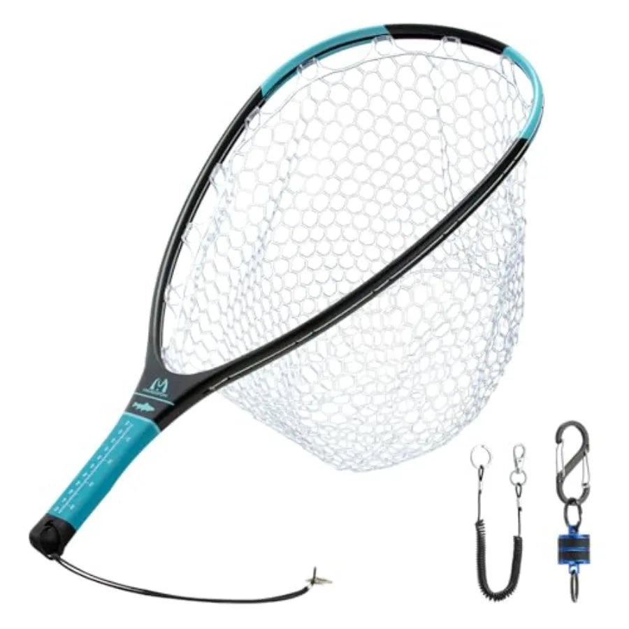 Fly Fishing Landing Net for Trout Bass Catch and Release: Carbon Fiber Frame, Black Rubber Mesh, Magnetic Net Release