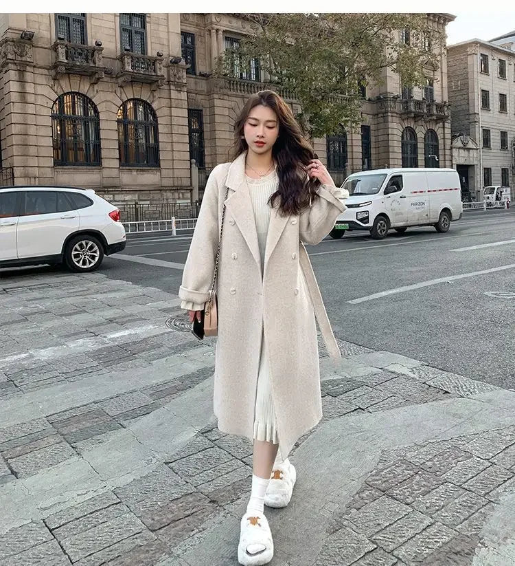 Blue Korean Style Woolen Coat Loose Women's Fashion Autumn Winter New Arrival Medium Length Belted Outerwear for Ladies