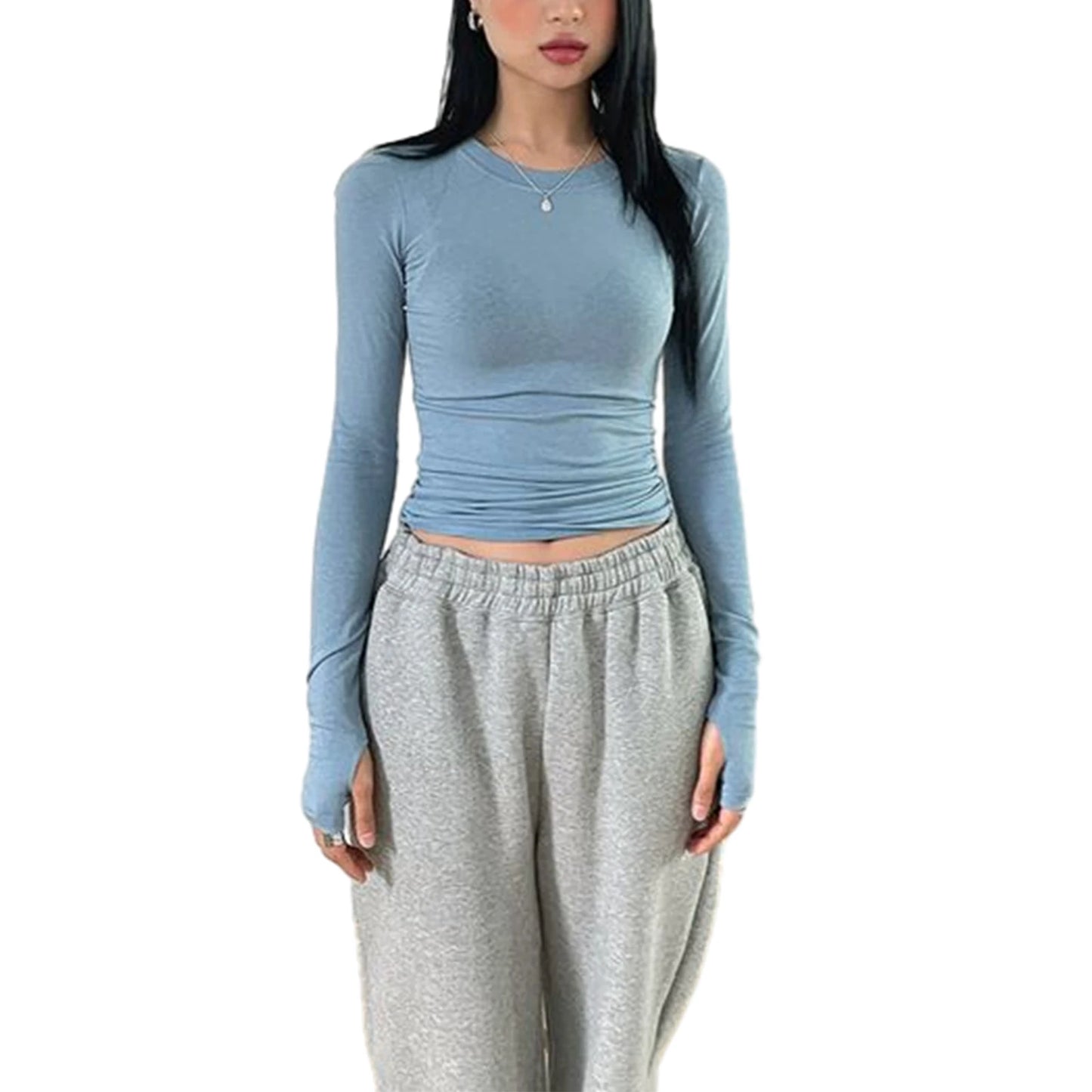 Women Casual Thumb Hole Shirt Trendy  Fit Long Sleeve Round Neck Tops Summer Solid Color Tee