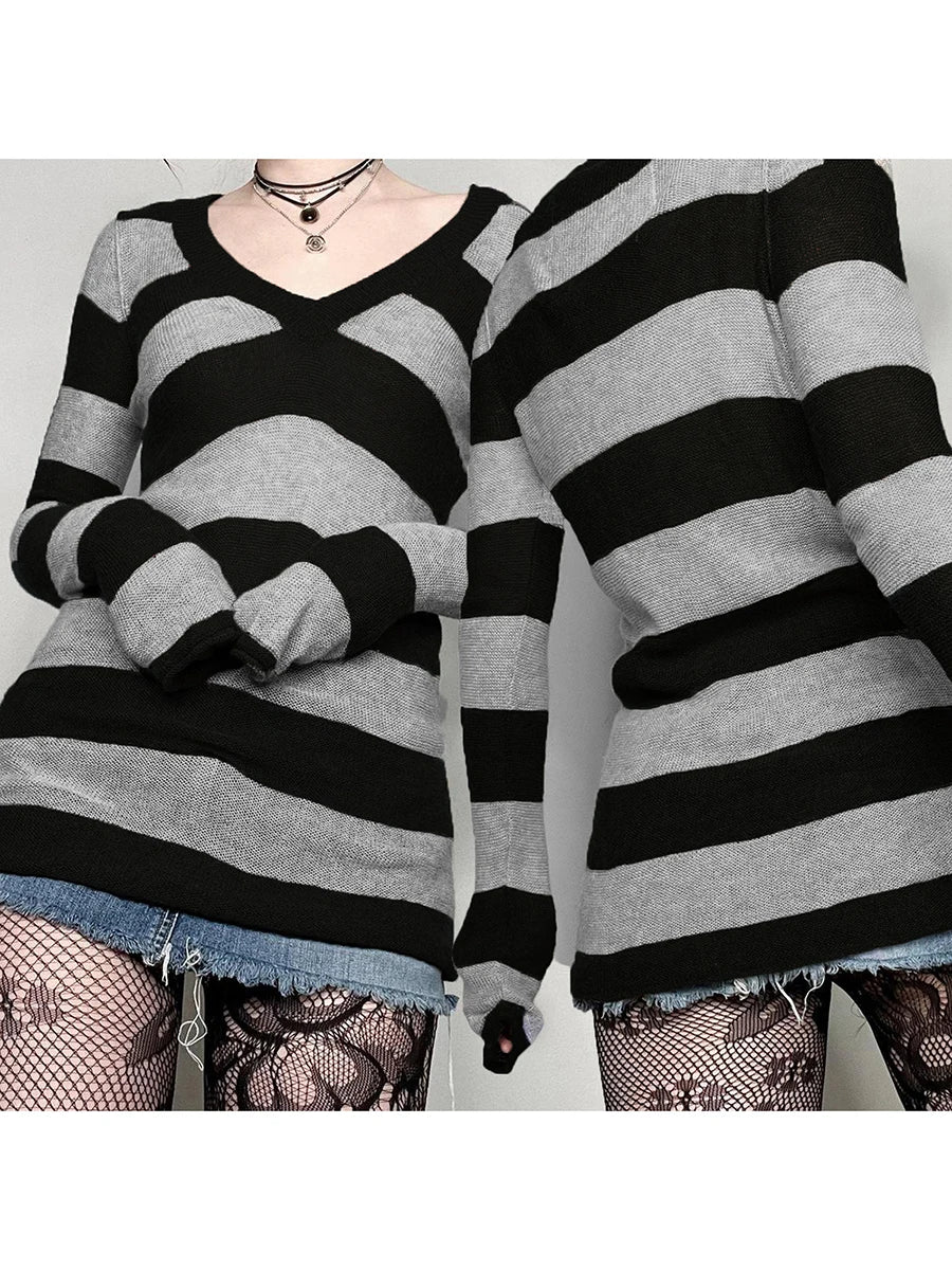 Women s Spring Autumn Knit Sweater V Neck Long Sleeve  Fit Striped Knitwear Tops Dress