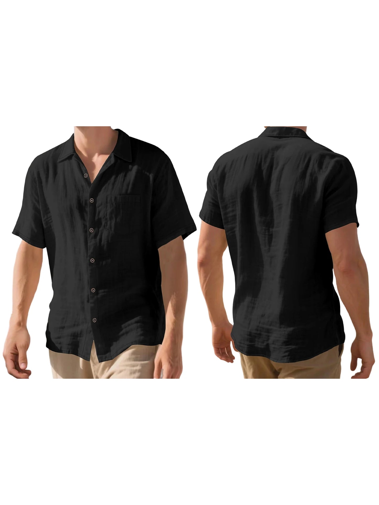 Men s Lightweight Linen Short Sleeve Button-Down Shirt Casual Solid Color Breathable Summer Tops Loose Fit Lapel Collar
