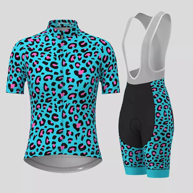 Women's Cycling Clothing Gradient Leopard Print Summer Cycling Jersey Set Women Breathable Short Sleeves Mountain Bike Clothes