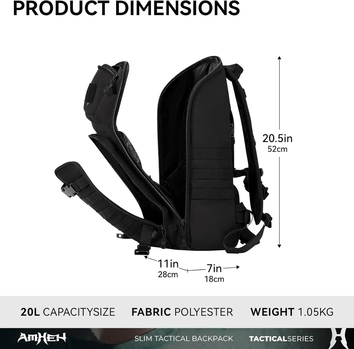 Tactical Backpack 20L Military Daypack with MOLLE, Waterproof Hiking Camping Travel Pack for Men (Black)