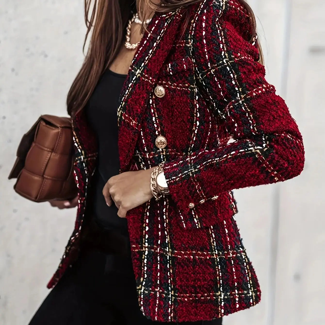 New autumn and winter casual two-color tweed plaid women's office urban business commuting Christmas holiday women's jacket suit