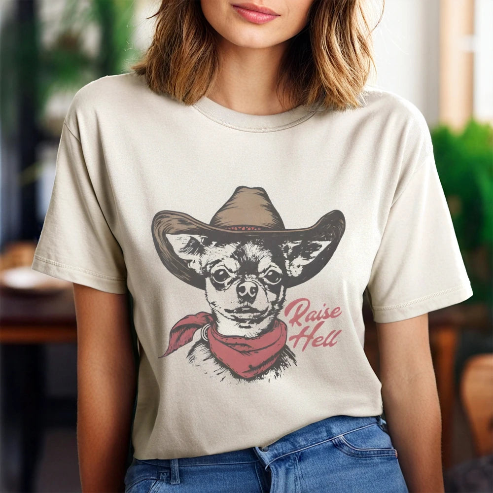 Retro Cowboy Dog T-Shirt Chihuahua Raise Hell Graphic Top Tee Vintage Retro Style Summer Clothes Pure Cotton Breathable Tee