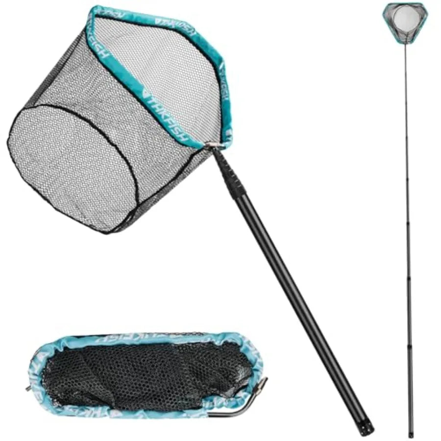Fishing landing net for anglers: carbon fiber frame, black, telescopic long handle 27-157.5 in,aluminum mesh with rubber coatin