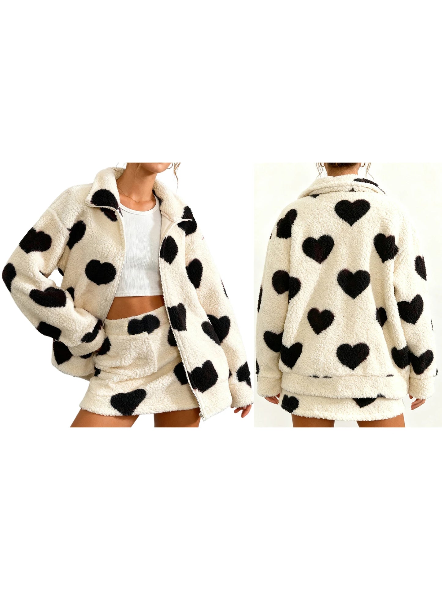 Women s Valentine s Day Heart Print Hooded Sweatshirt Casual Long Sleeve Pullover Loose Fit Fleece Jacket Coat