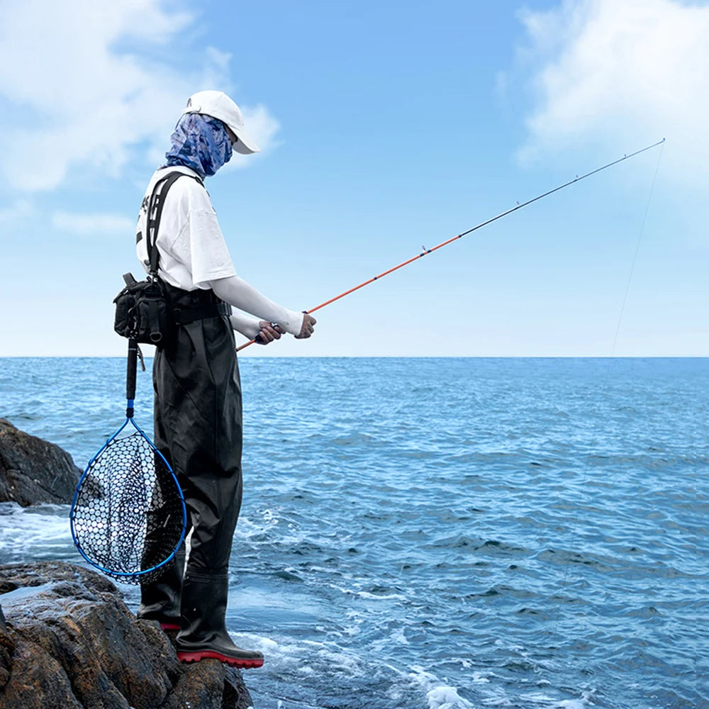 Foldable Fishing Landing Net with Long Handle for Bass Crappie Boat Saltwater Freshwater Quick Dry Rubber Mesh for Big Fish