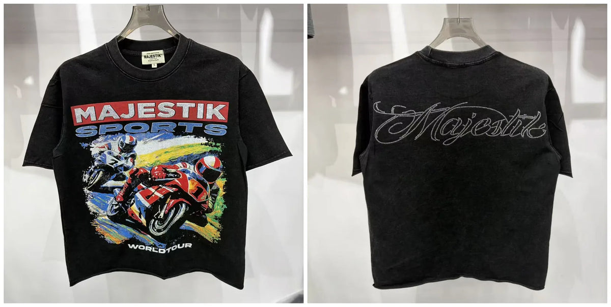 2026 Summer New MAJESTIK Men's T-shirt with Letter Hotfix Rhinestone Print Breathable Lightweight Casual Hip-Hop Style 100% Cotton Men/women T-shirt
