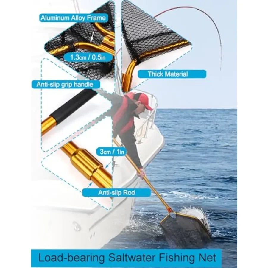Kayak fishing net, aluminum handle, black, extra-large telescopic design with snag-free rubber mesh for saltwater big game fish