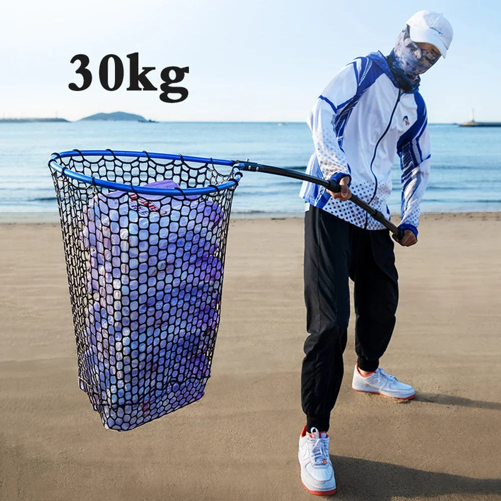 Foldable Fishing Landing Net with Long Handle for Bass Crappie Boat Saltwater Freshwater Quick Dry Rubber Mesh for Big Fish