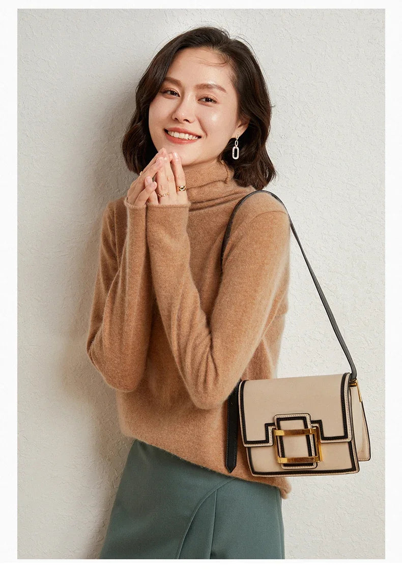 100%Merino Pure Wool Sweater Women's AutumnWinter Long Sleeve High Neck Pullover Warm High Quality Solid Color Basic Knit Jumper