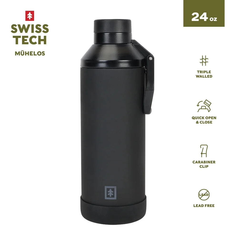 24 oz Triple-Walled Stainless Steel Water Bottle Leakproof Chug Lid Silicone Boot Carabiner Clip Perfect Camping Hiking Sports