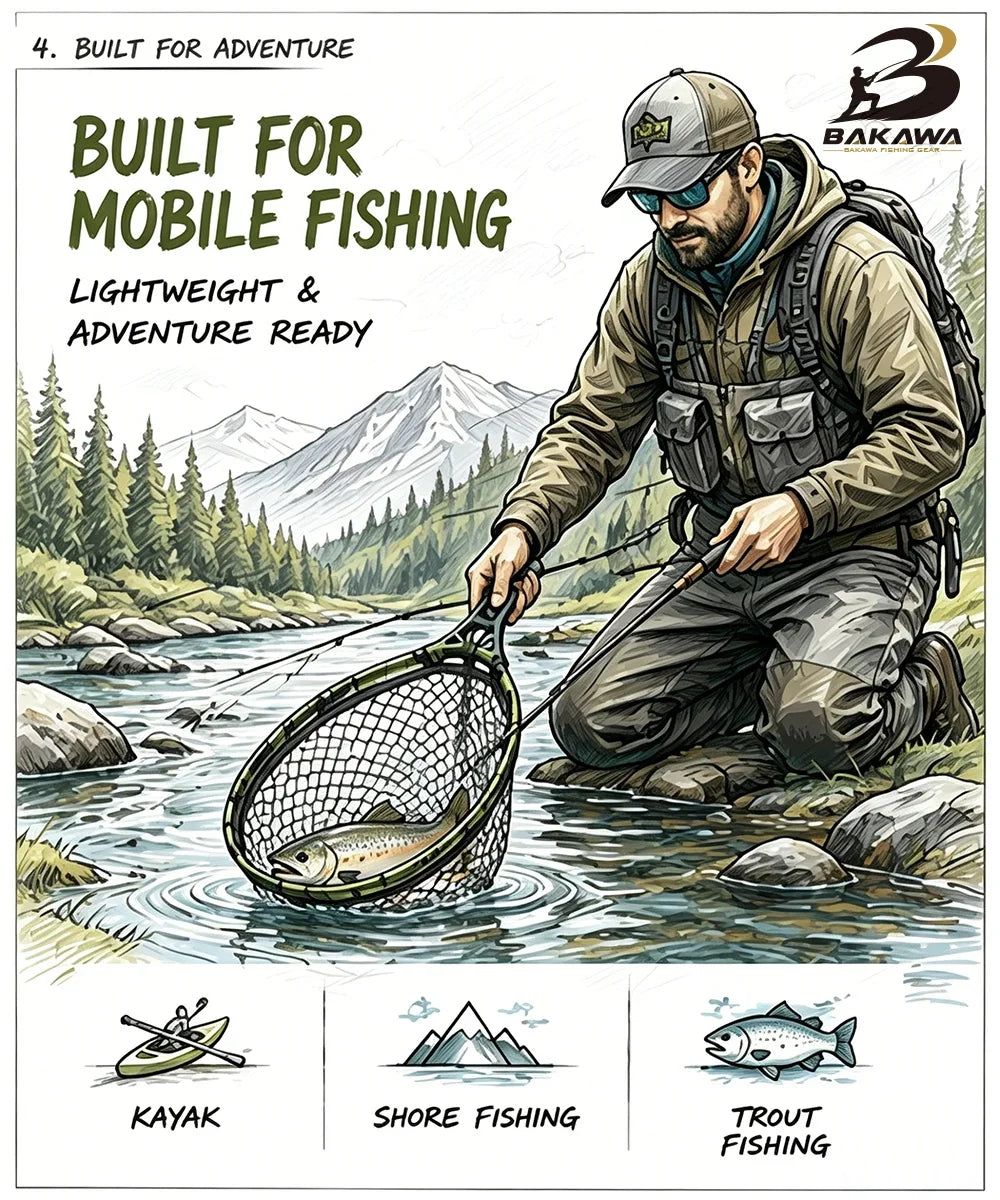 BAKAWA 25 30 S L Compact Folding Landing Net Rubber Mesh Lightweight Portable Fish Net Bass Fishing Quality Net Pesca Accesorios
