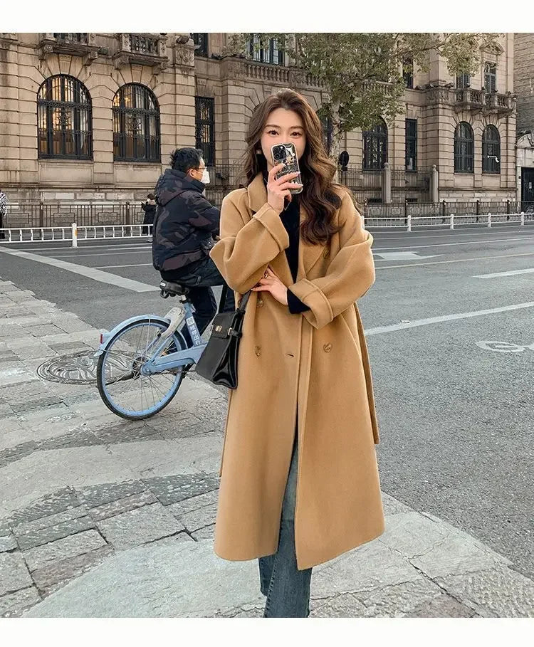 Blue Korean Style Woolen Coat Loose Women's Fashion Autumn Winter New Arrival Medium Length Belted Outerwear for Ladies