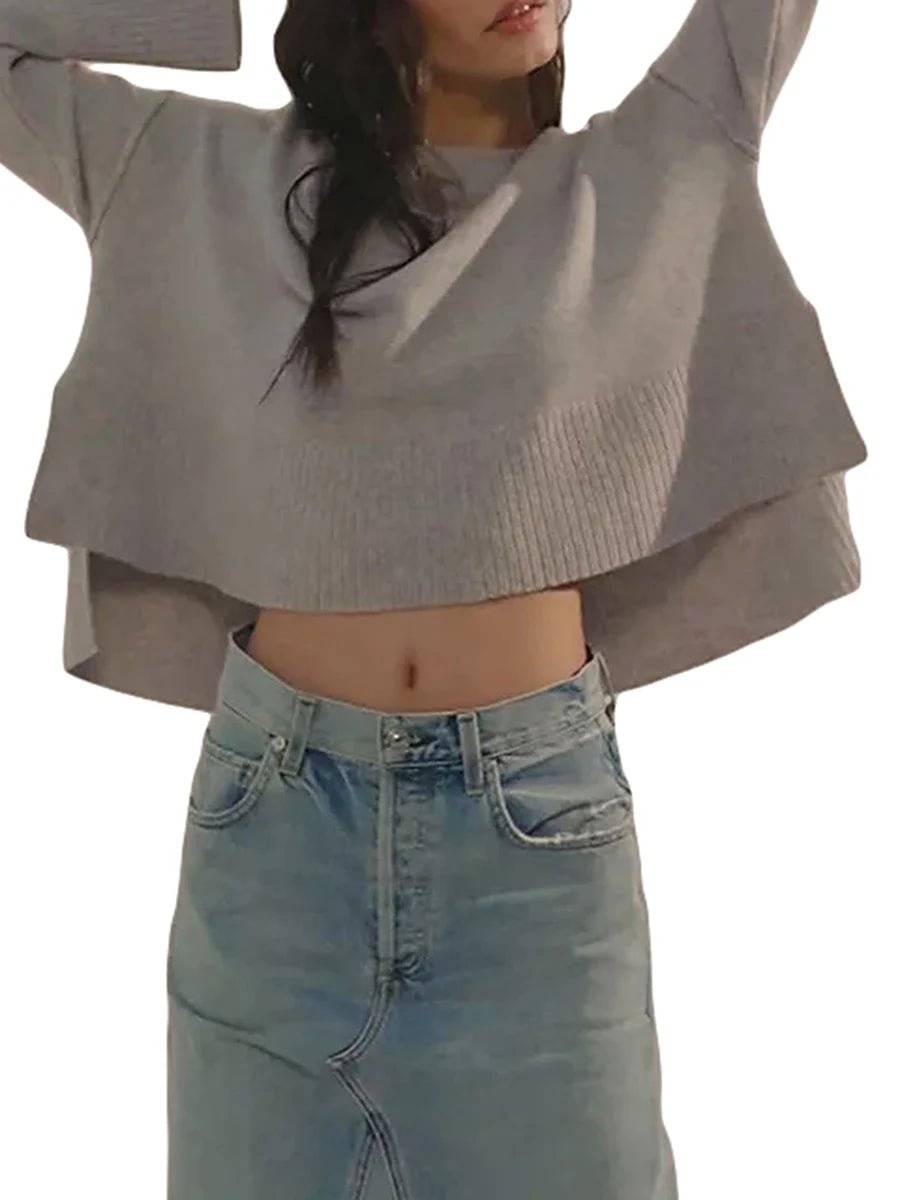 Women s Autumn Winter Knit Sweater Long Flared Sleeve Solid Color Loose Knitwear