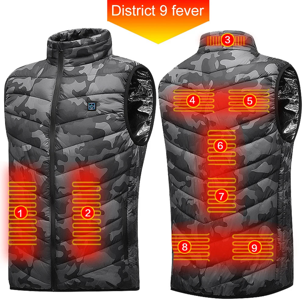 Unisex Electric Heated Vest 9 Heating Areas Heated Vest Coat Washable Lightweight with Zip USB Charging for Winter Sports Hiking