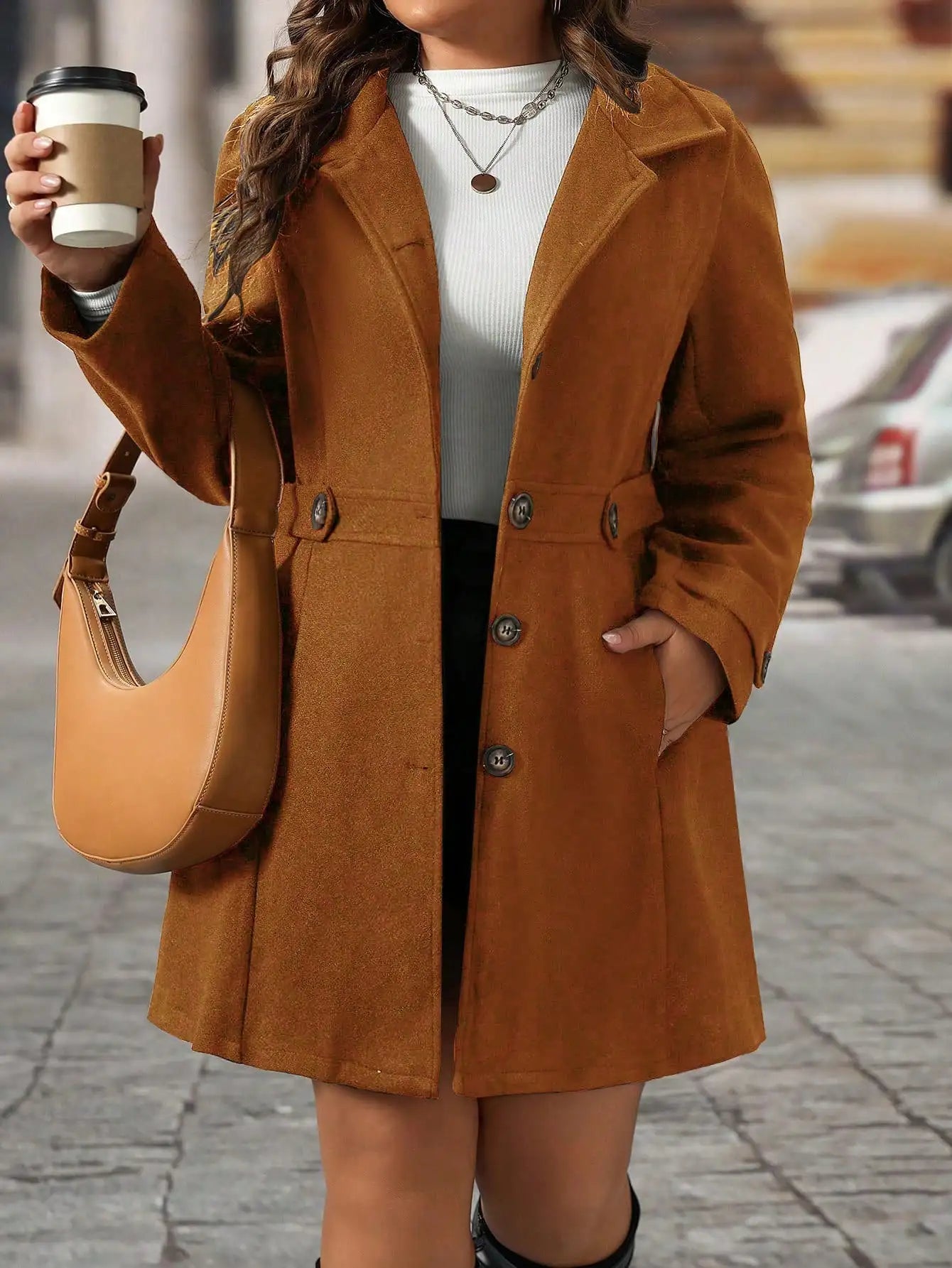 Plus Size Black Lapel Button Decor Waisted Mid-Length Knitted Coat For Women, Winter Fall Cloth For Women Autumn