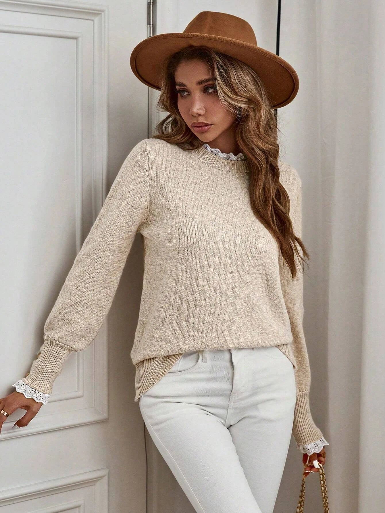 Autumn and Winter New Fashion Woman Sweater Half High Neck Loose Lace Patchwork Knit Top