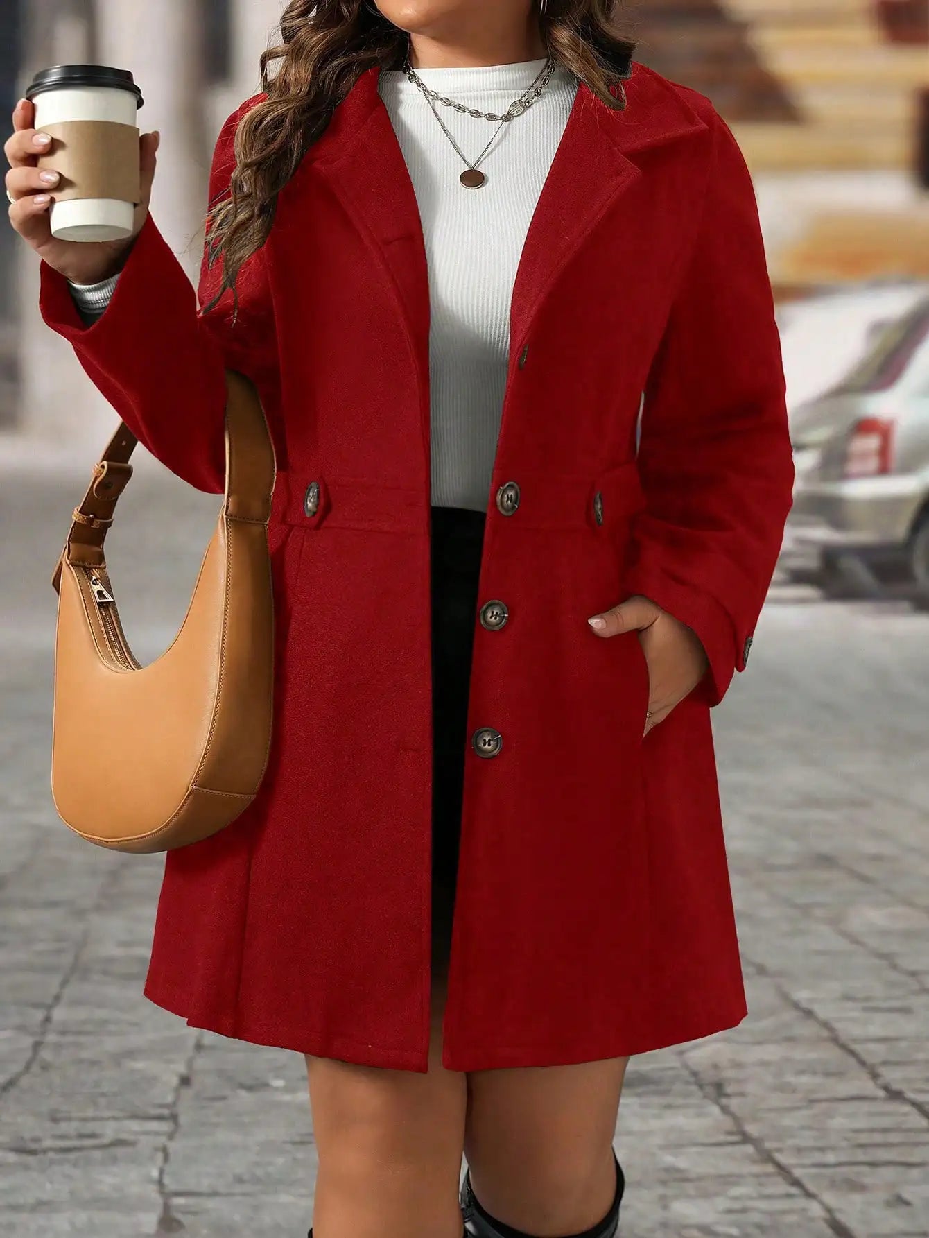 Plus Size Black Lapel Button Decor Waisted Mid-Length Knitted Coat For Women, Winter Fall Cloth For Women Autumn