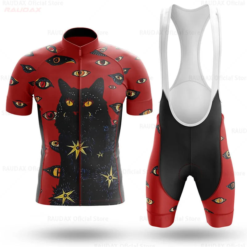 2023 Men's Cycling Clothes Funny Cartoon Cat Summer Short Sleeve Cycling Jersey Set Breathable Quick Dry Sportswear Bike Uniform