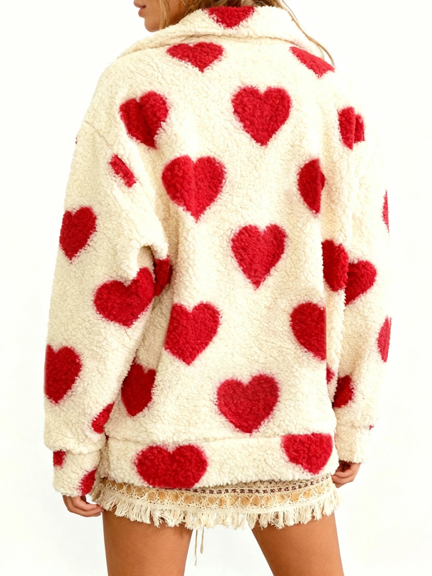 Women s Valentine s Day Heart Print Hooded Sweatshirt Casual Long Sleeve Pullover Loose Fit Fleece Jacket Coat