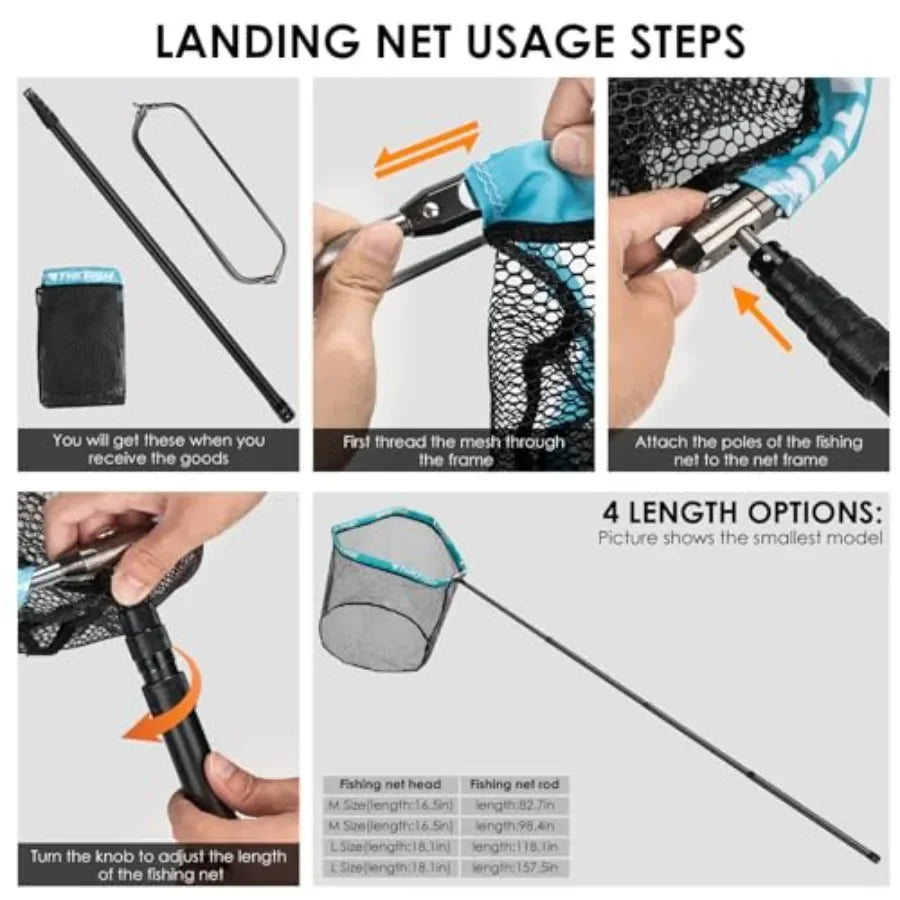 Fishing landing net for anglers: carbon fiber frame, black, telescopic long handle 27-157.5 in,aluminum mesh with rubber coatin