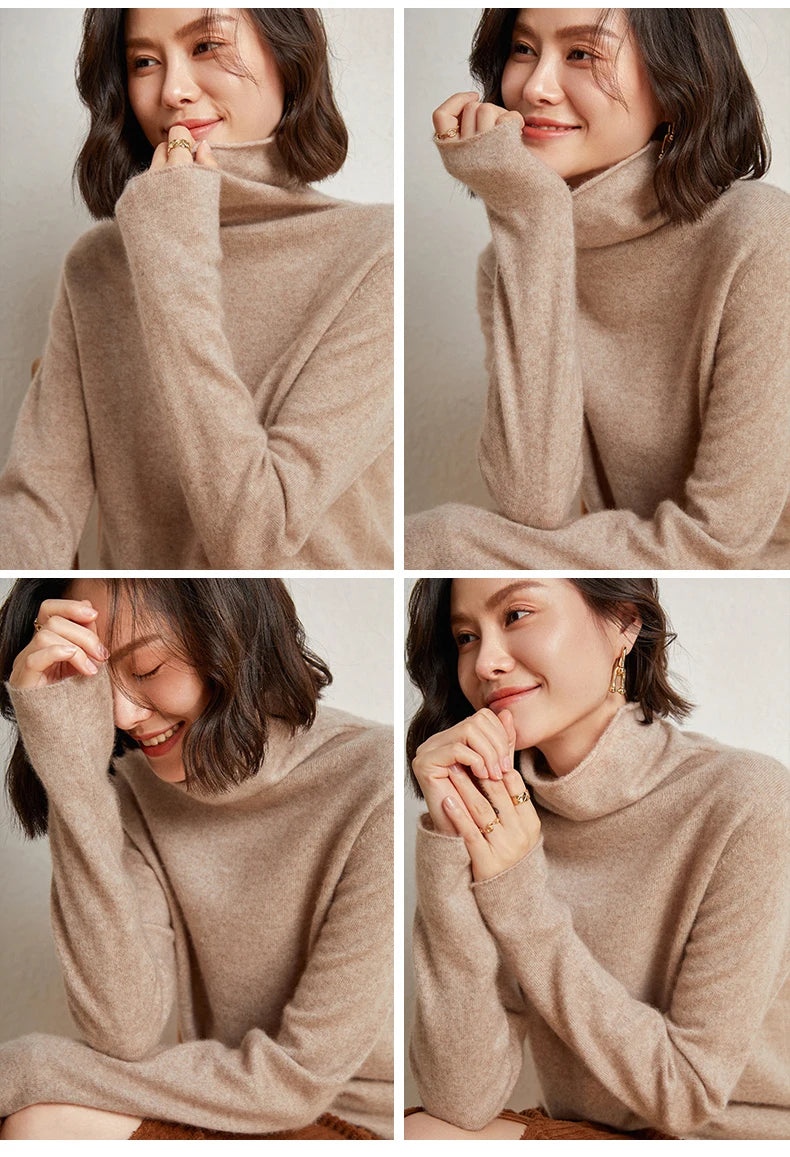 100%Merino Pure Wool Sweater Women's AutumnWinter Long Sleeve High Neck Pullover Warm High Quality Solid Color Basic Knit Jumper