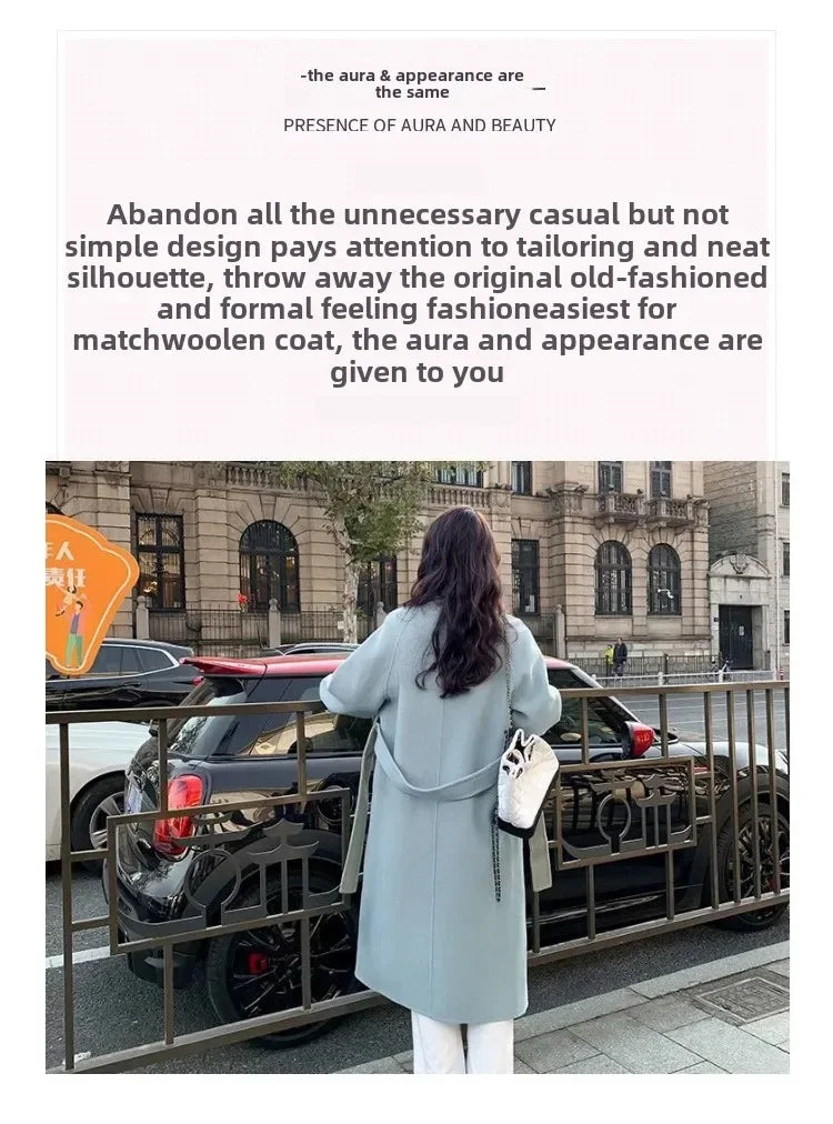 Blue Korean Style Woolen Coat Loose Women's Fashion Autumn Winter New Arrival Medium Length Belted Outerwear for Ladies