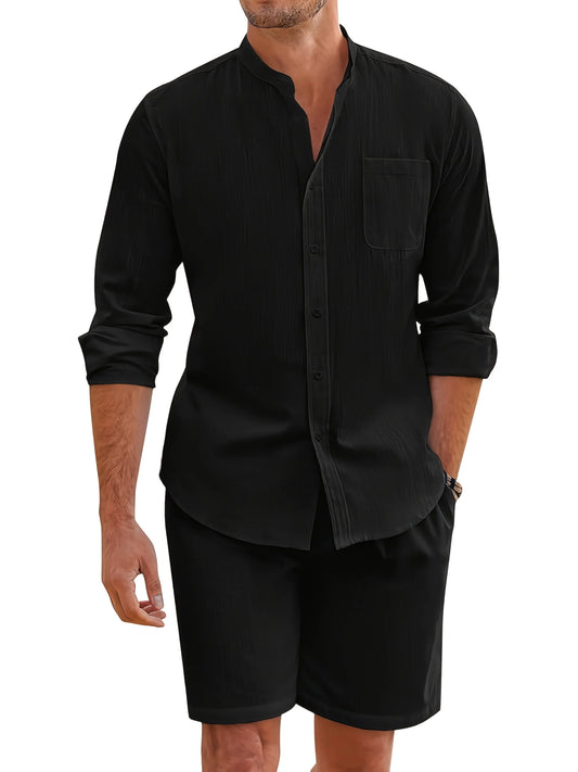 Men's summer two-piece polyester button shirt long sleeve shorts cardigan simple casual beach wear - the best choice for casual