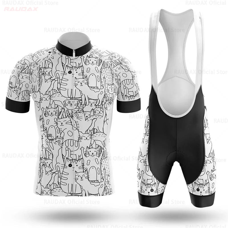 2023 Men's Cycling Clothes Funny Cartoon Cat Summer Short Sleeve Cycling Jersey Set Breathable Quick Dry Sportswear Bike Uniform