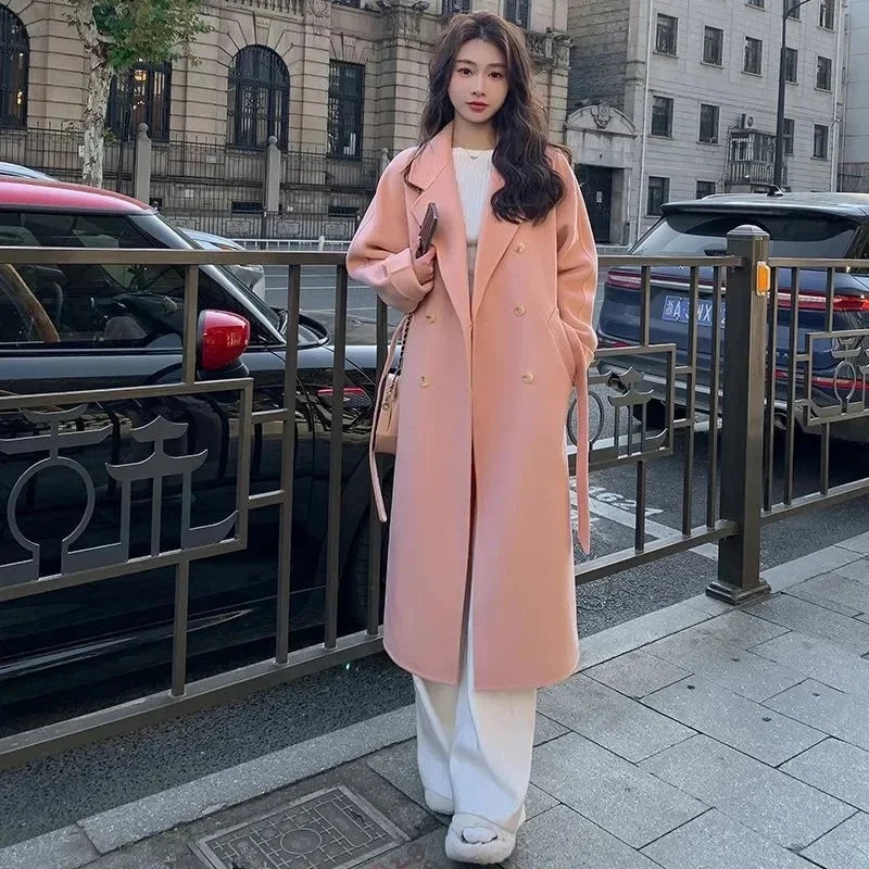 Blue Korean Style Woolen Coat Loose Women's Fashion Autumn Winter New Arrival Medium Length Belted Outerwear for Ladies