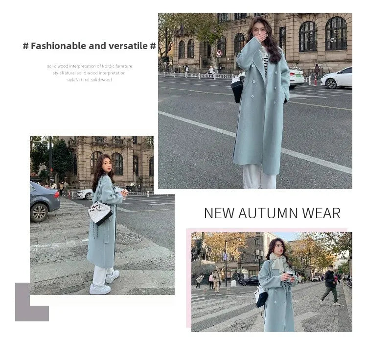 Blue Korean Style Woolen Coat Loose Women's Fashion Autumn Winter New Arrival Medium Length Belted Outerwear for Ladies