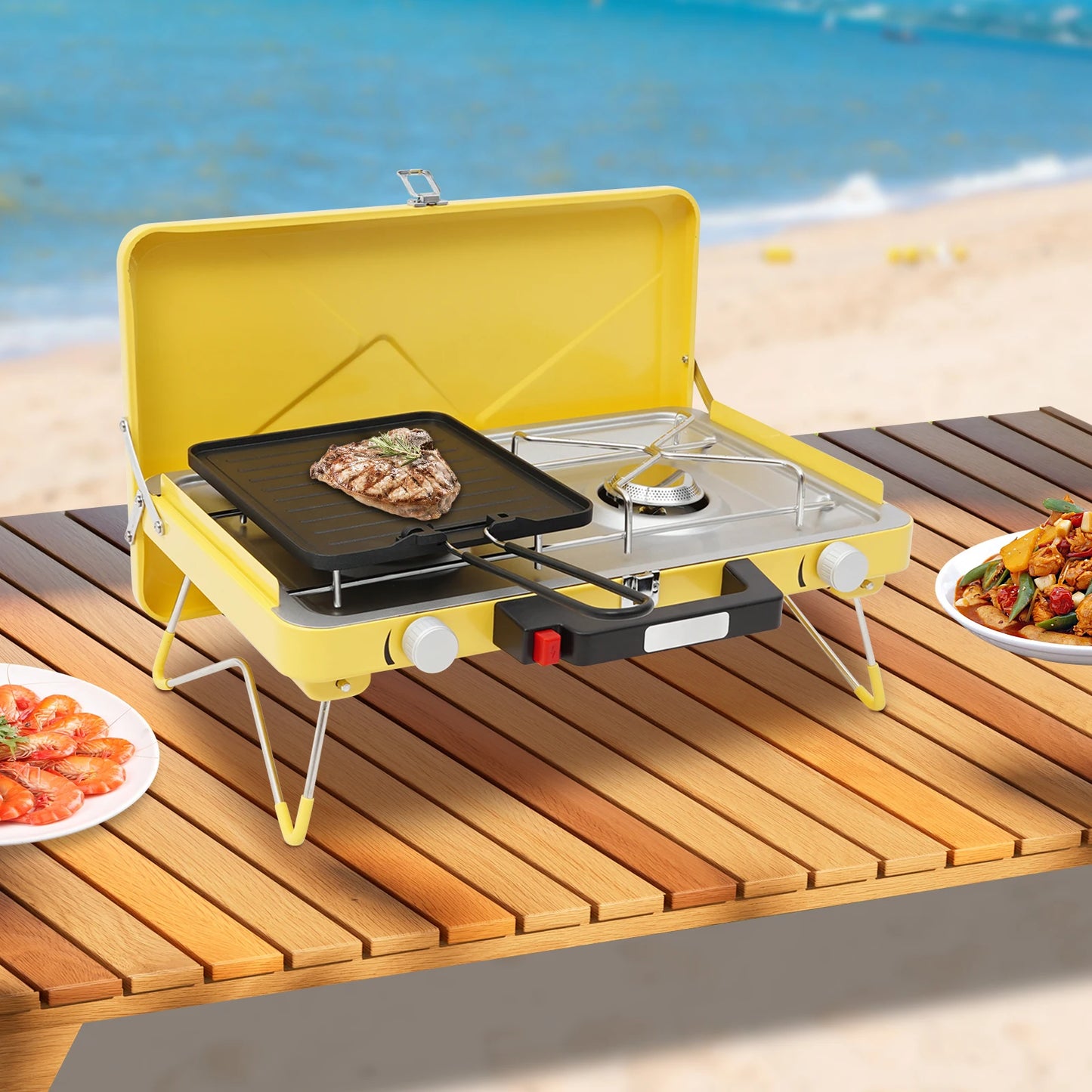 2-Burner Stainless Steel Camping Stove,Yellow/White Rectangular Portable Camping Stove Button+Knob for Outdoor Use