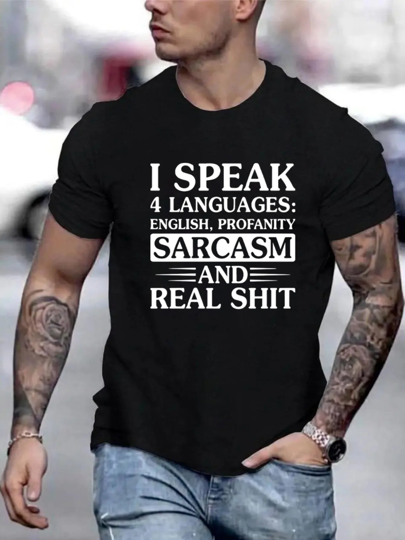 Men's Summer 100% Cotton Fashion Sports and Leisure Loose I Speak Sarcasm Graphic Printed Round Neck Short Sleeve T-shirt Top