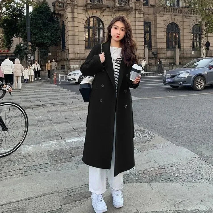 Blue Korean Style Woolen Coat Loose Women's Fashion Autumn Winter New Arrival Medium Length Belted Outerwear for Ladies