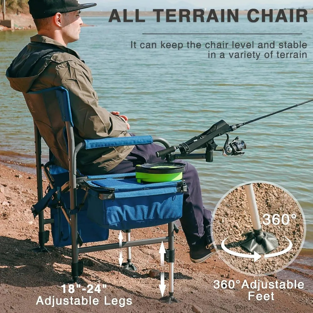 Fishing chair with pole holder and cooler, adjustable feet, net back folding camping chair with shoulder strap, supports 350 LBS